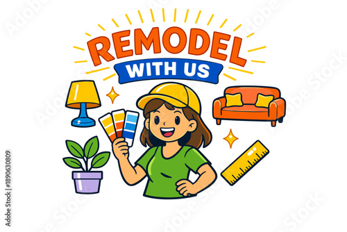 Young female cartoon character promoting home remodel services with furniture and decor icons