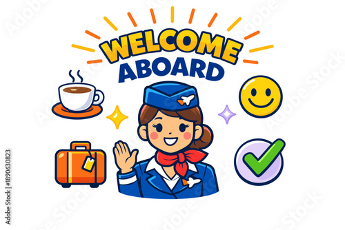 Welcome aboard graphic with female flight attendant and travel icons