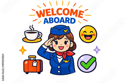 Cartoon flight attendant welcoming you with luggage and coffee icons