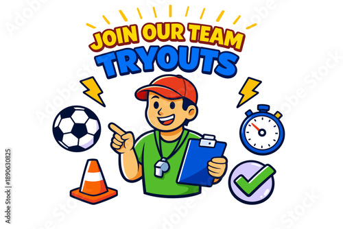 Youth soccer team tryouts announcement with enthusiastic cartoon coach