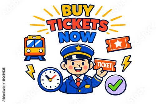 Cartoon train conductor promoting ticket purchase with colorful icons