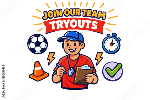 Cartoon male coach organizing sports tryouts with soccer theme