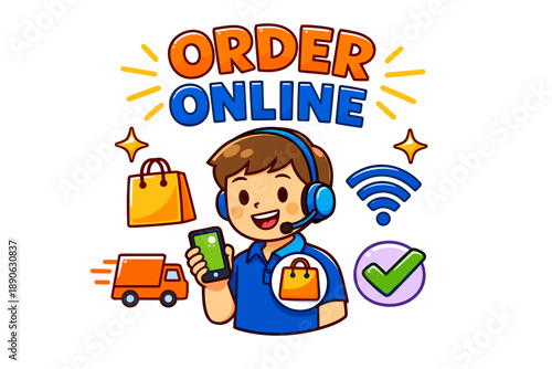 Young caucasian male ordering online with phone and shopping icons