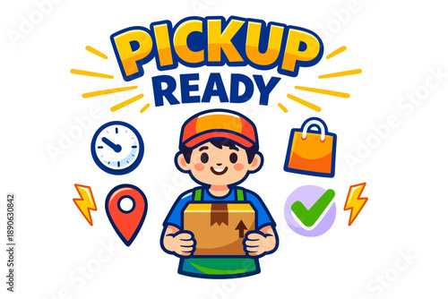 Cartoon delivery boy ready for package pickup with icons