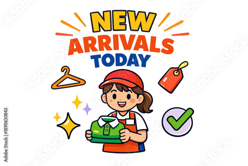 Excited cartoon girl holding new clothes with sale icons