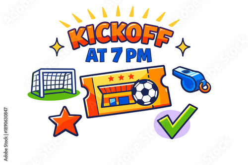 Exciting soccer game kickoff at 7 pm with ticket and whistle icons