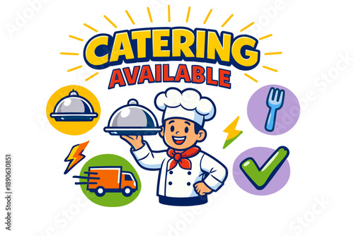Chef offering catering services with iconic food symbols and delivery graphics