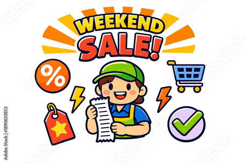 Colorful weekend sale graphic with female character and shopping icons