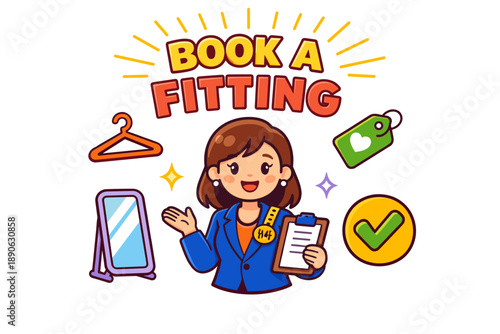 Female cartoon character promoting clothing fitting service with mirror and checklist