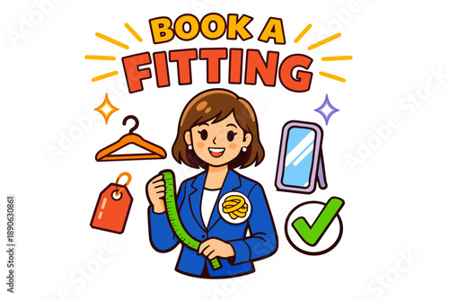 Young caucasian female tailor promoting fitting appointment with measuring tape and icons