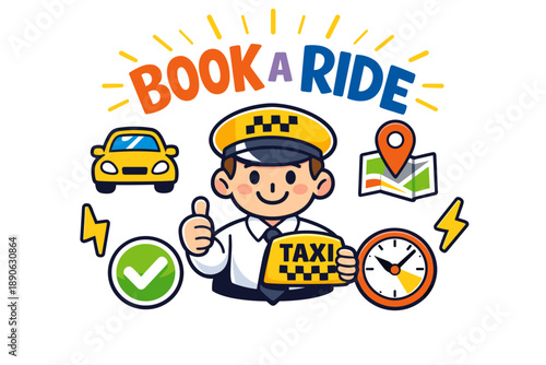 Cartoon taxi driver promoting ride booking with car, map, and clock icons