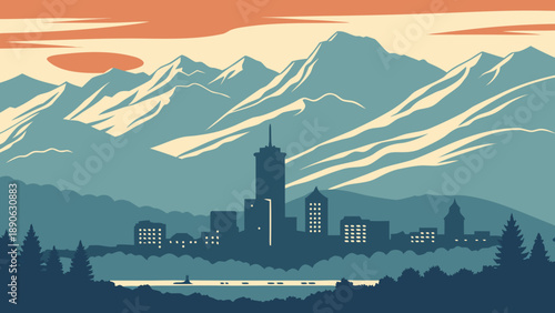 Denver skyline boasts mountains, forests, and cityscape panorama. Ideal for travel, tourism, real estate, and naturethemed designs or projects.