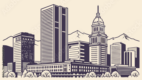 Simplified denver skyline illustration suitable for travel websites, postcards, and city guides featuring mountains and iconic city landmarks.