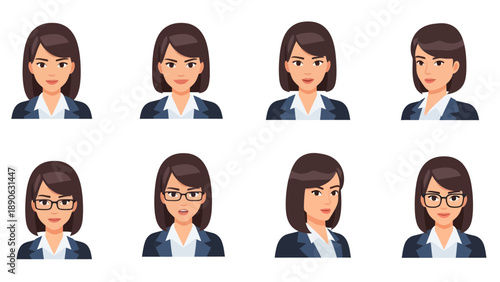 Business Woman Character Avatar Set, Different Emotions and Poses, Vector Illustration for Corporate Use, Professional Female Icon Collection