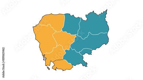 Cambodia Map Divided Regions Orange Teal Color Political Administrative Divisions Graphic Vector Illustration for News and Information