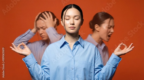 Young Asian woman in blue shirt meditating with stressed ghosting effects behind