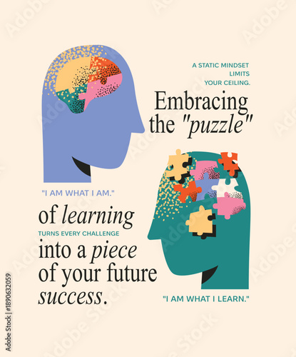 Growth Mindset Vector: Head Profiles with Jigsaw Puzzle Pieces Metaphor for Learning, Mental Development, and Success. Illustration of Fixed vs Growth Mindset, Problem Solving, and Psychology.