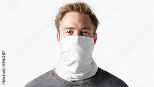 Blank white neck gaiter on man mockup, ai generated
