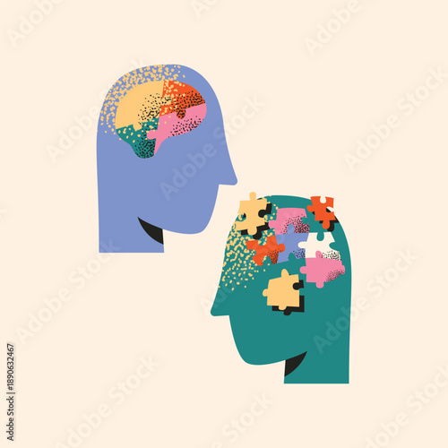 Mental Health Concept Vector of Two Human Profiles with Puzzle Brains Symbolizing Psychology Therapy, Counseling, Cognitive Behavioral Support, Empathy, Dementia, and Neurodiversity Connectivity