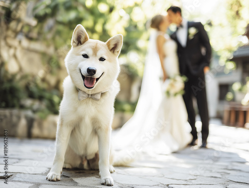 Wallpaper Mural Shiba Inu wearing a bow tie sits at a garden wedding. Bride and groom kiss in the background. Torontodigital.ca