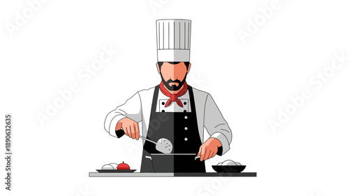 Chef Cooking Food in Kitchen Vector Illustration, Professional Culinary Master Preparing Meal with Utensils, Restaurant Service and Gastronomy Concept