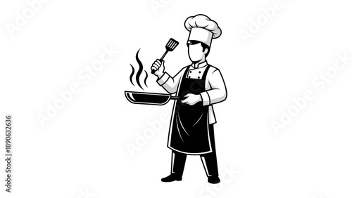 Chef Cooking with Frying Pan and Spatula, Vector Illustration, Restaurant and Culinary Theme, Food Service Graphic