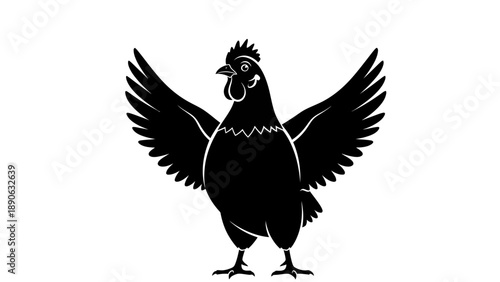 Chicken Vector Illustration Silhouette with Wings Spread Open, Isolated on White Background, Farm Animal Graphic for Food and Agriculture Concepts