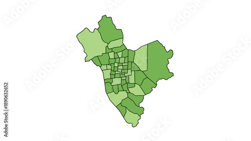 Choropleth Map of Urban Neighborhoods with Green Color Gradient Showing Data Distribution, Statistical Analysis Graphic for Urban Planning and Demographics