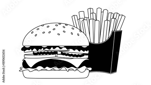 Classic Burger and Fries Combo Vector Illustration, Fast Food Meal Graphic, Restaurant Menu Design Element, Takeaway Food Graphic
