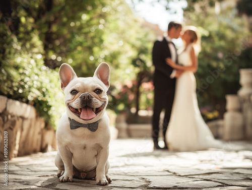 Wallpaper Mural French bulldog and wedding couple pose in a garden courtyard. Golden hour sunlight bathes the scene in warm light. Torontodigital.ca