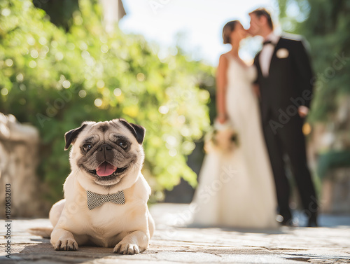 Wallpaper Mural Pug with a bow tie sits on a stone path in a garden. A wedding couple in formal attire stands behind the dog on a sunny day. Torontodigital.ca