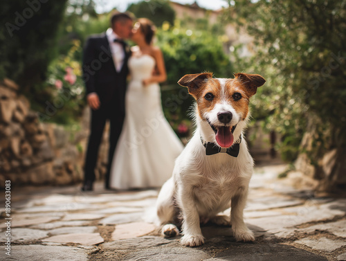 Wallpaper Mural Dog wearing a bow tie sits on a garden stone path. A wedding couple stands in the background. Torontodigital.ca