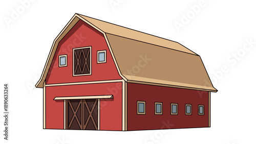 Classic Red Barn with Gambrel Roof and Large Doors, Rural Farm Building Vector Illustration for Agricultural or Countryside Concepts