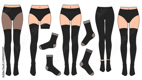 Collection of Black Stockings and Socks Vector Illustration, Fashion Apparel Mockup Template for E-commerce and Design