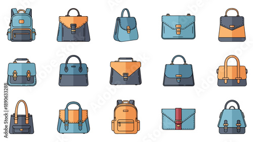 Collection of diverse handbag and backpack vector illustrations, flat design style, showcasing various styles and colors for fashion and accessory concepts.