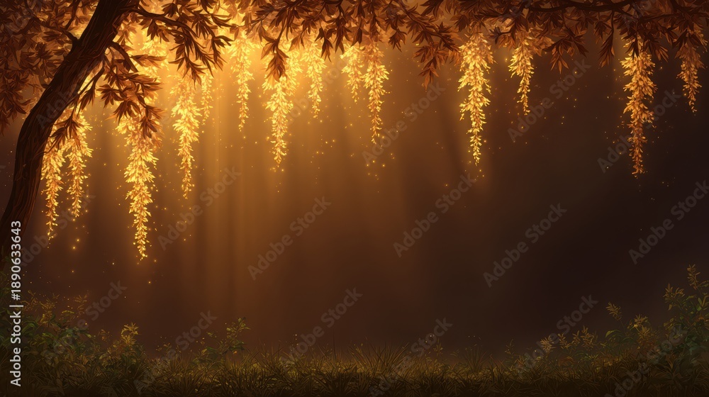 Obraz premium Fantasy Forest Background with Golden Light Rays and Dust