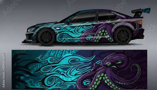 Custom car wrap design featuring a vibrant octopus and tribal patterns in teal and purple.