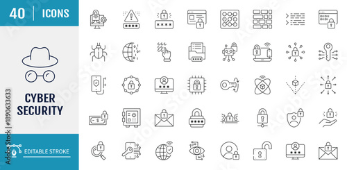 Cyber security icon set. Data protection and Secured network icon collection. Outline Icon Collection. Vector illustration with editable strokes