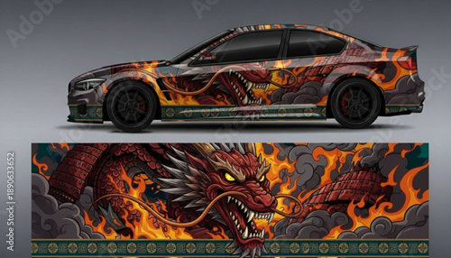 Custom car wrap design featuring a fierce red dragon engulfed in flames and smoke, showcasing a vibrant and dynamic automotive graphic.