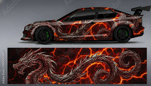 Sporty car with a custom fiery dragon wrap design, showcasing intricate details of the mythical creature and lava-like patterns.