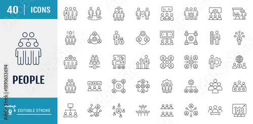 People icon set. Includes group, family, human, team, community, friends, population and more. Vector illustration with editable strokes