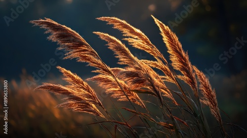 Golden Pampas Grass Plumes at Sunset with Dramatic Dark Background