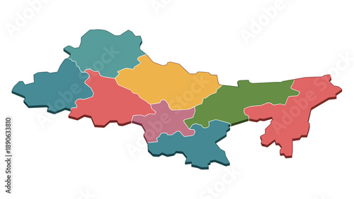 Colorful Administrative Map of India's Northeast States with Borders and Regions, Graphic Illustration for Geography and Travel Planning