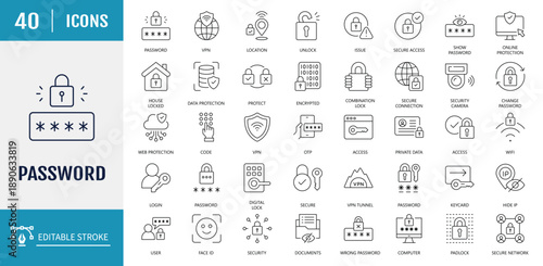 	
Password icon set. Includes login, access, secure, passcode, encryption, code, 2FA, fingerprint and more. Vector illustration with editable strokes