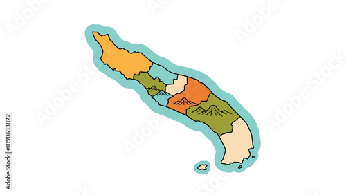 Colorful Vector Map Illustration of a Long Island Divided into Regions with Mountains and Islands, Flat Design Graphic for Travel and Geography Concepts