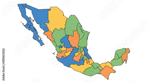Colorful Map of Mexico Divided into States with Different Colors, Graphic Representation of Mexican Geography, Ideal for Travel and Political Themes