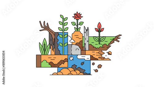 Cross-section of Soil Layers with Growing Plants and Roots, Cutaway View of Earth Layers, Ecosystem Concept, Flat Vector Illustration for Environmental Awareness