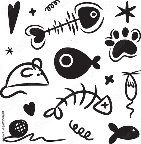 Cute set of cat toy doodles illustrated by hand in vector