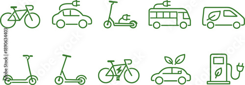Set of green line icons representing eco-friendly transportation and charging stations