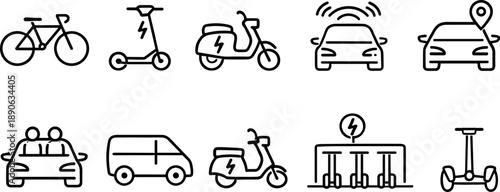 Collection of electric and smart transportation icons including cars, scooters, and bikes